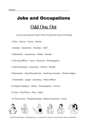 Jobs and occupations worksheets odd one out activity for beginner English learners