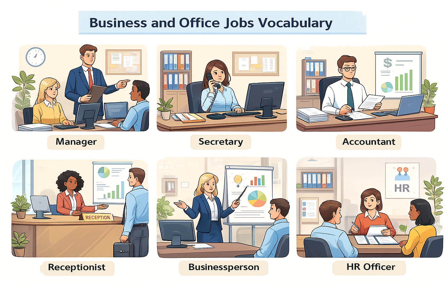 Jobs and occupations vocabulary in business and office.