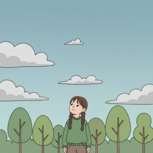 Cloudy weather scene with a girl looking at gray clouds covering the sky, helping explain what is weather.