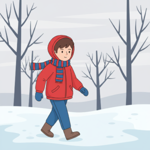 Cold weather scene with a boy wearing warm clothes and walking on frosty ground, explaining what is weather.