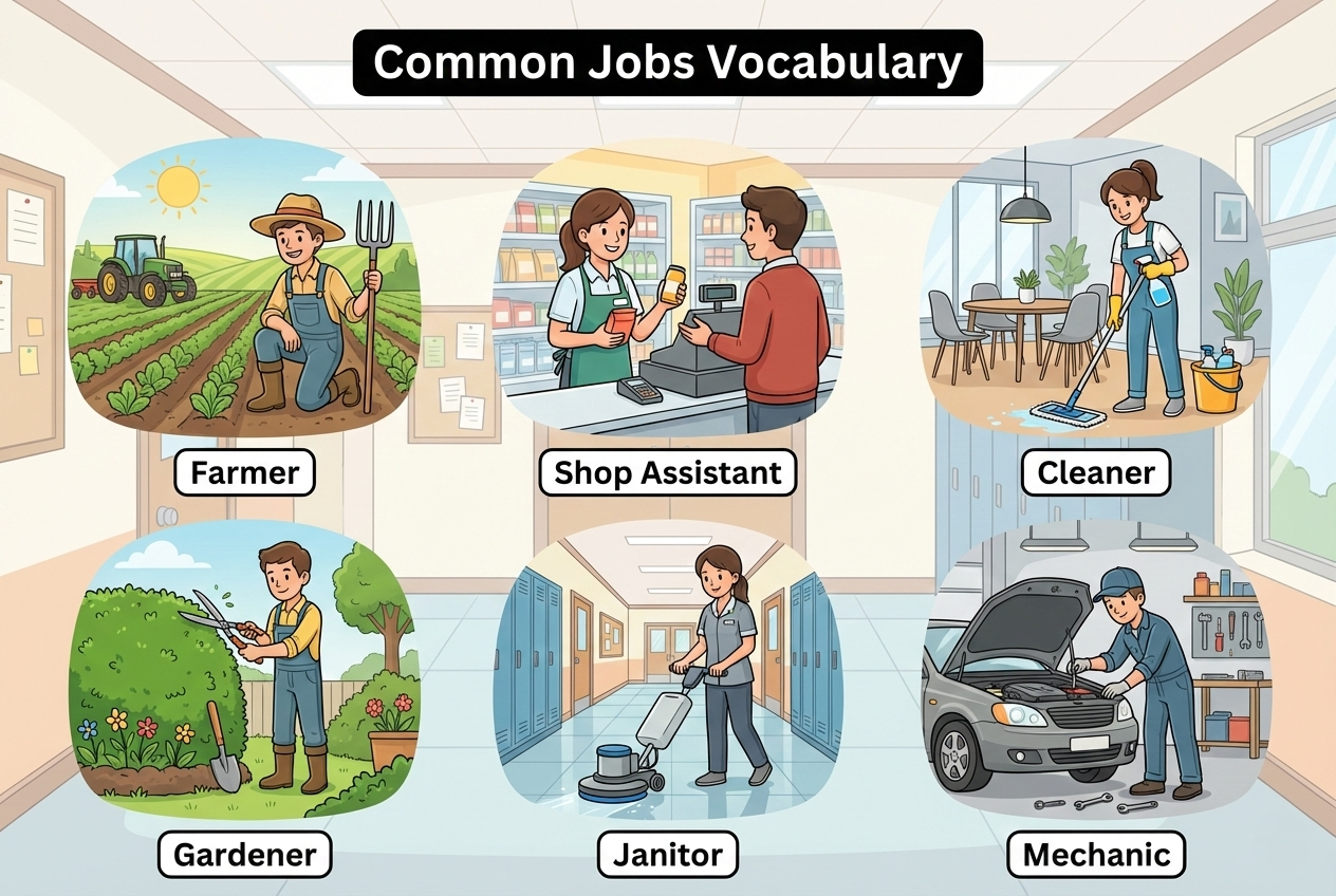 Jobs and occupations vocabulary: farmer, cleaner, security guard.