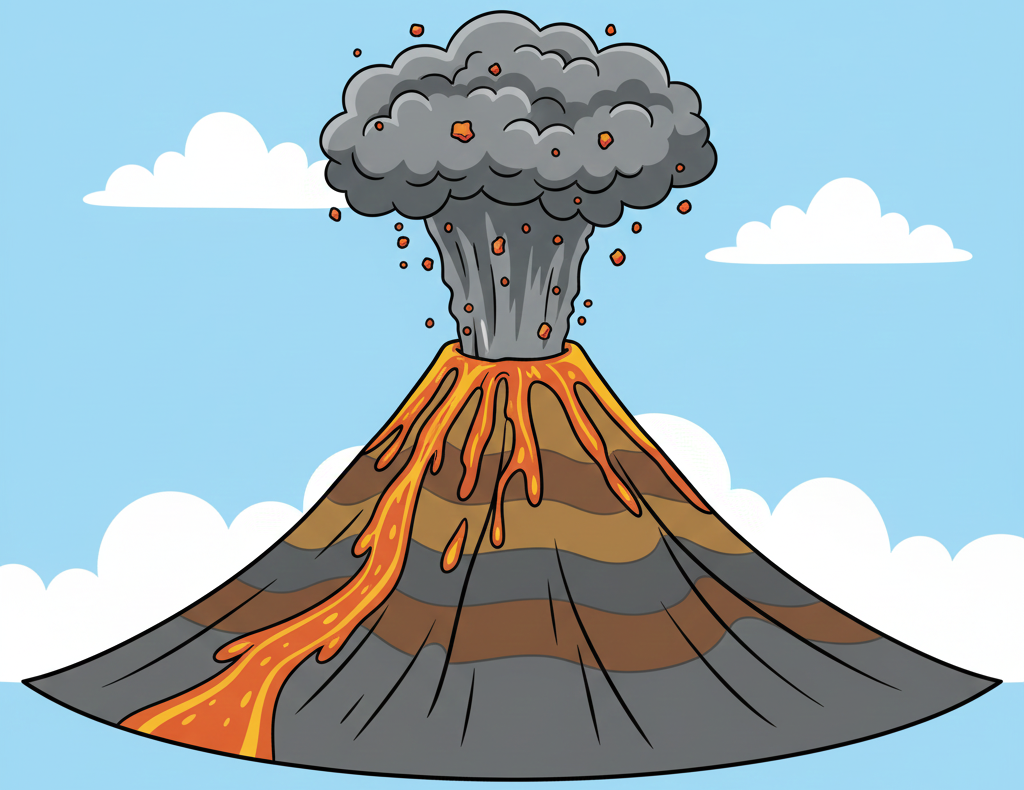 Composite volcano with steep slopes, layers of lava and ash, and an explosive eruption.