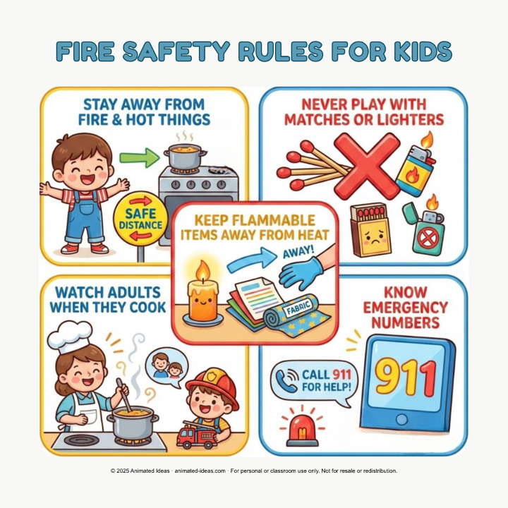 Infographic of fire safety rules for kids in a fire safety visual guide for kids, including never playing with matches and knowing emergency numbers.