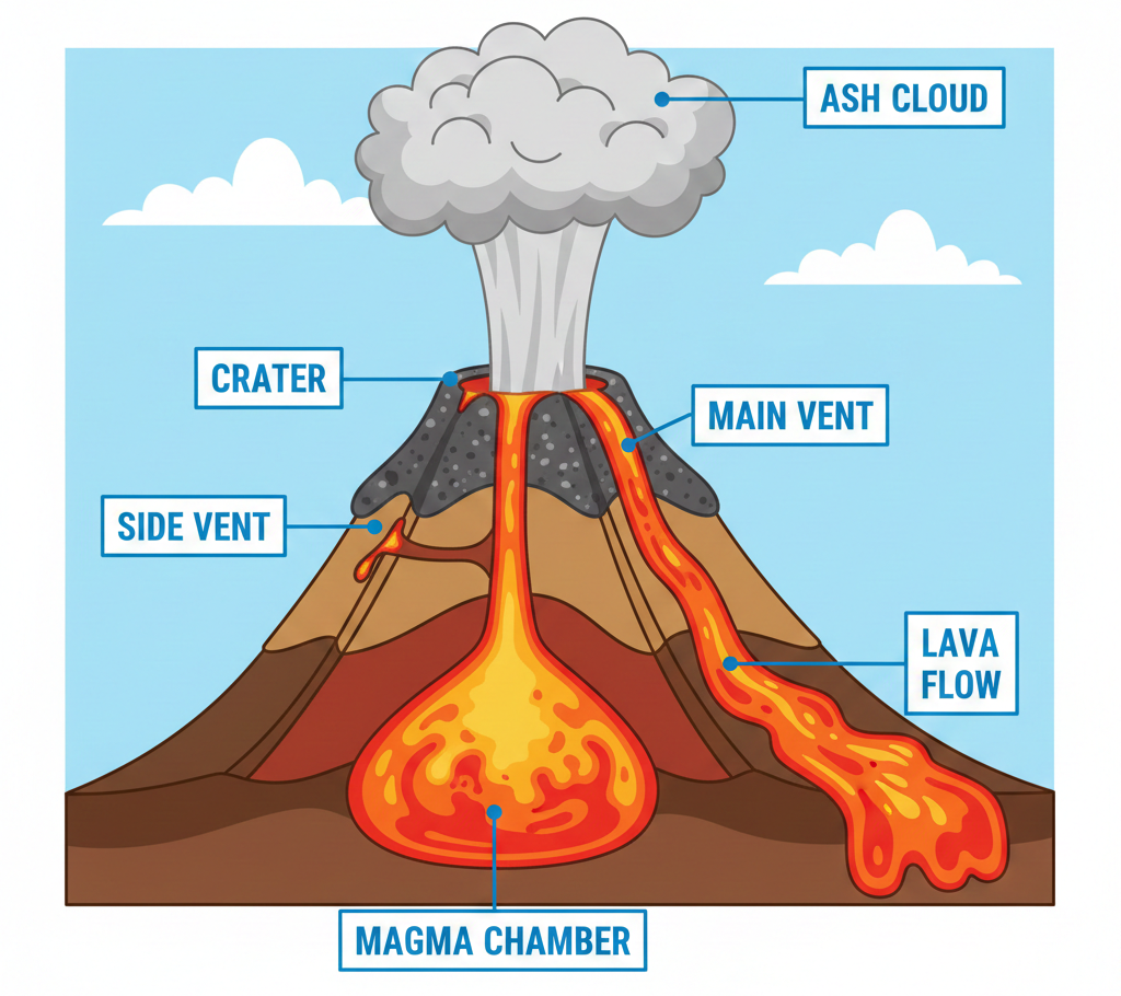 Volcanoes and earthquakes diagram showing magma chamber, crater, and lava flow.
