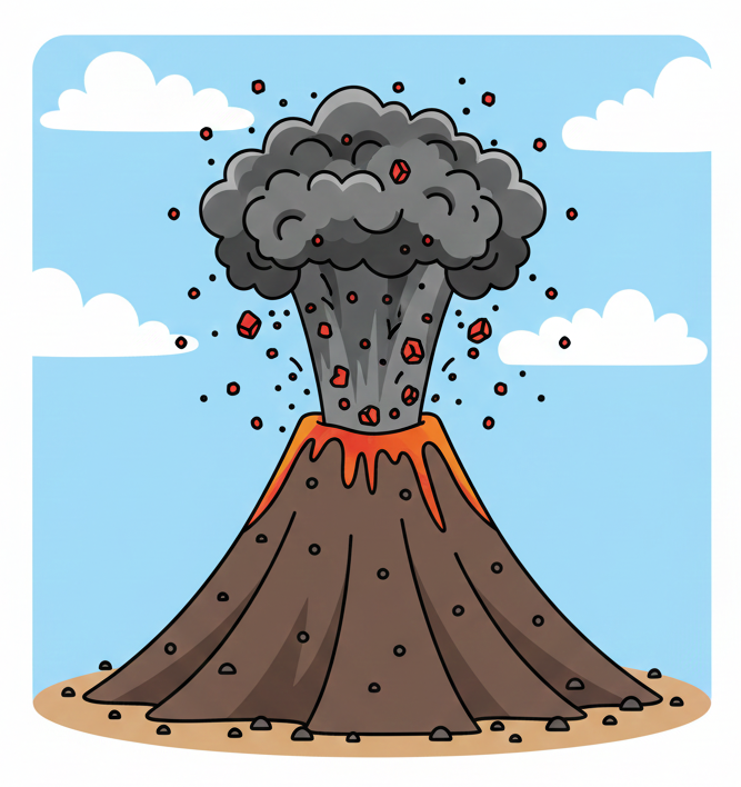 Cinder cone volcano with steep sides and lava fragments falling around the crater.