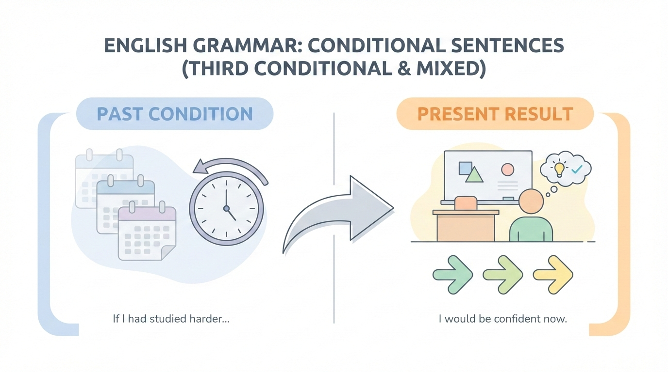 Illustration explaining mixed conditional in English grammar, showing a timeline with a past condition leading to a present result, used for ESL learning.