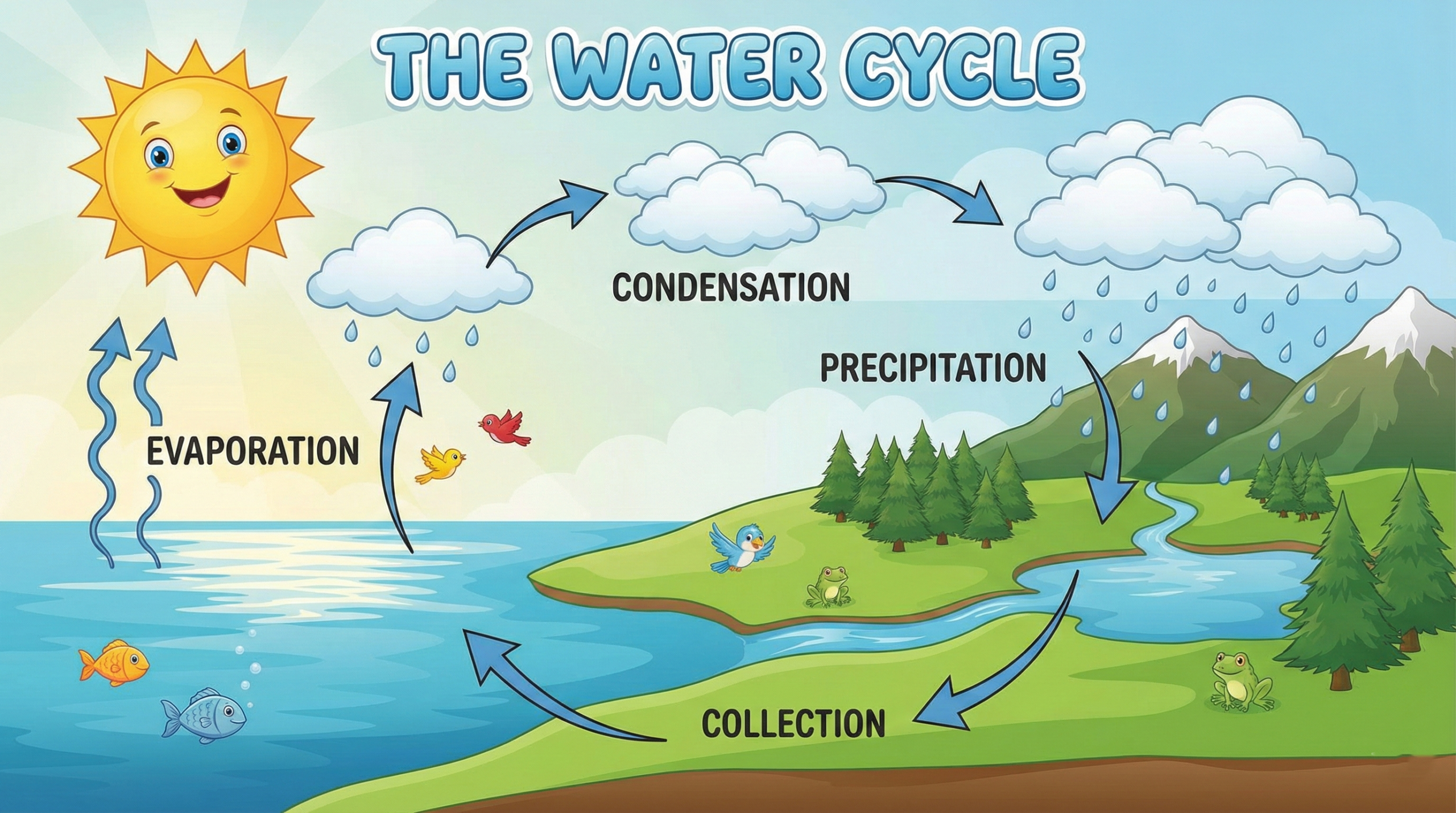 The water cycle for kids showing evaporation, condensation, precipitation, and collection.
