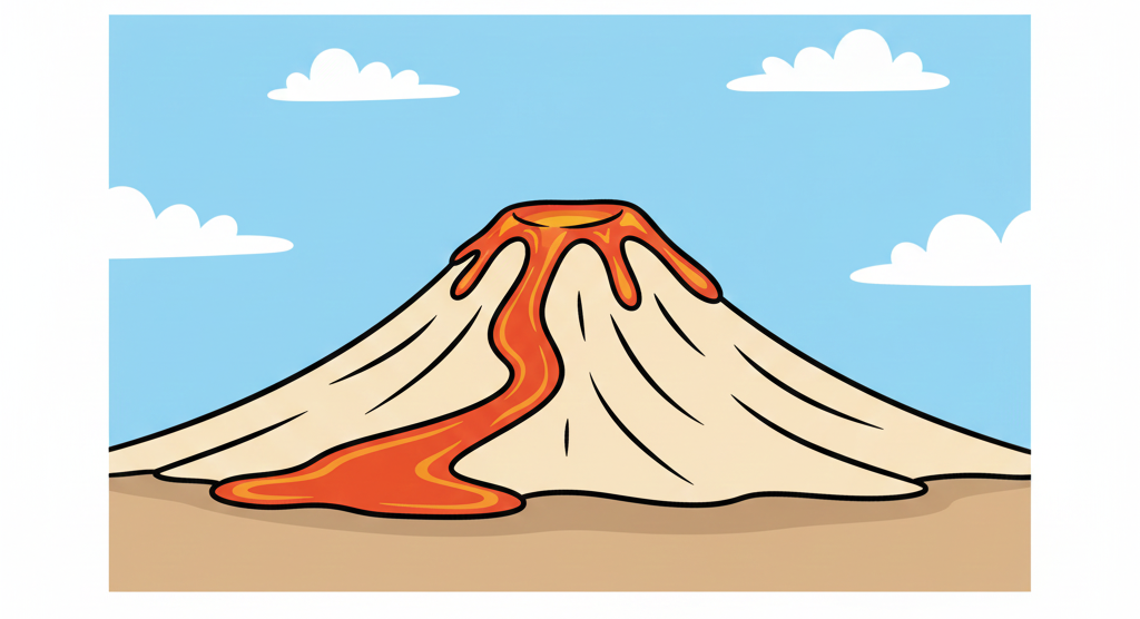 Shield volcano showing gentle slopes with lava flowing slowly.