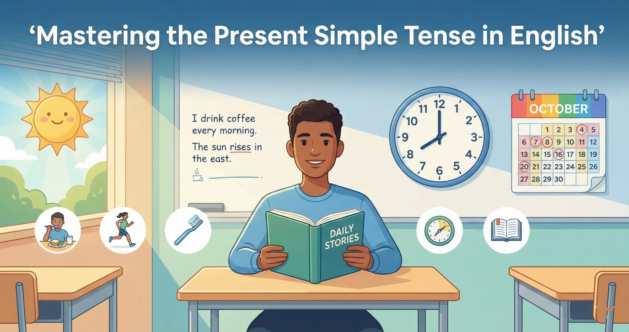 Featured illustration showing intermediate English learners practicing the Present Simple tense through daily routines and activities.