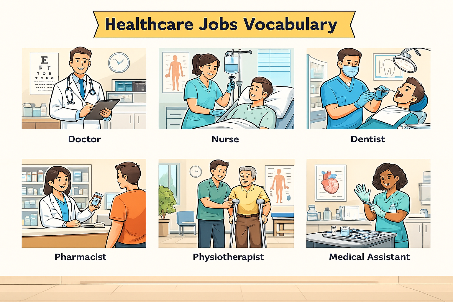 Jobs and occupations vocabulary in healthcare for beginners.