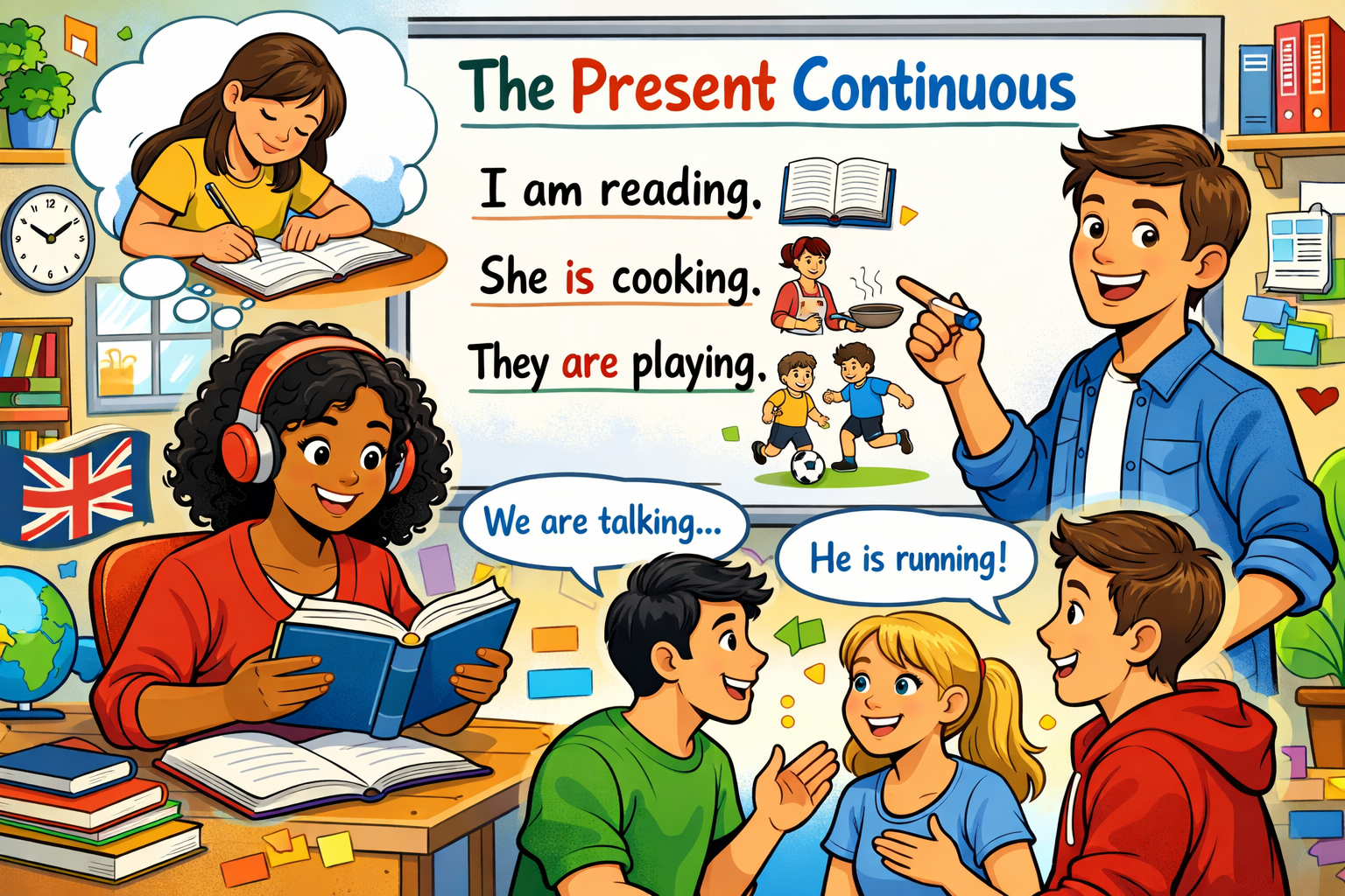 Full-frame illustration for Present Continuous Visual Guide showing intermediate learners performing actions, with labeled examples of negative and question forms in English gramma