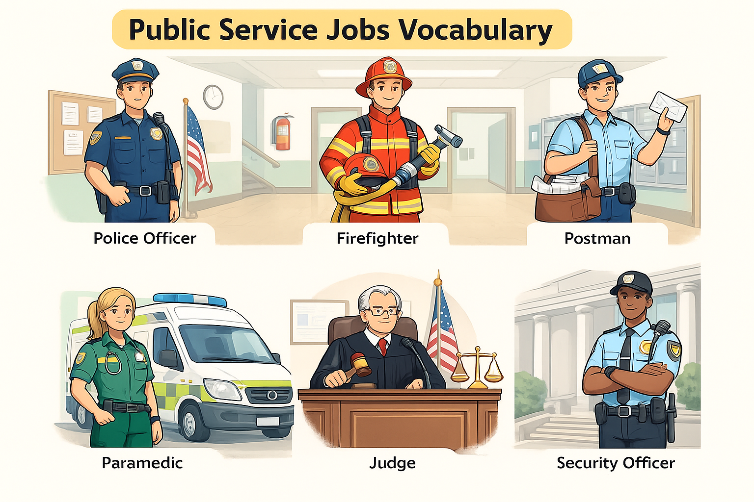 Jobs and occupations vocabulary in public service for beginners.