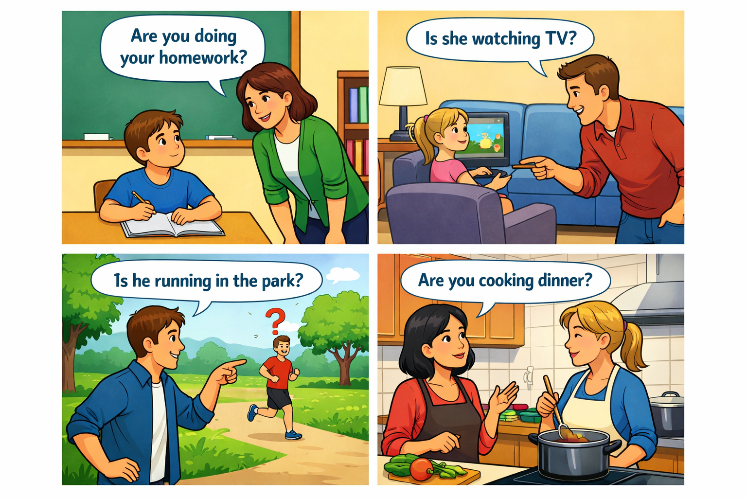 More examples of the Present Continuous (Question) form.