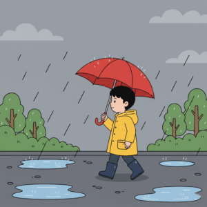 Rainy weather scene with a boy wearing a raincoat and holding an umbrella under gray clouds, showing what is weather.