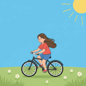 Sunny weather scene showing a girl riding a bicycle under a bright sun and clear blue sky, explaining what is weather for beginners.