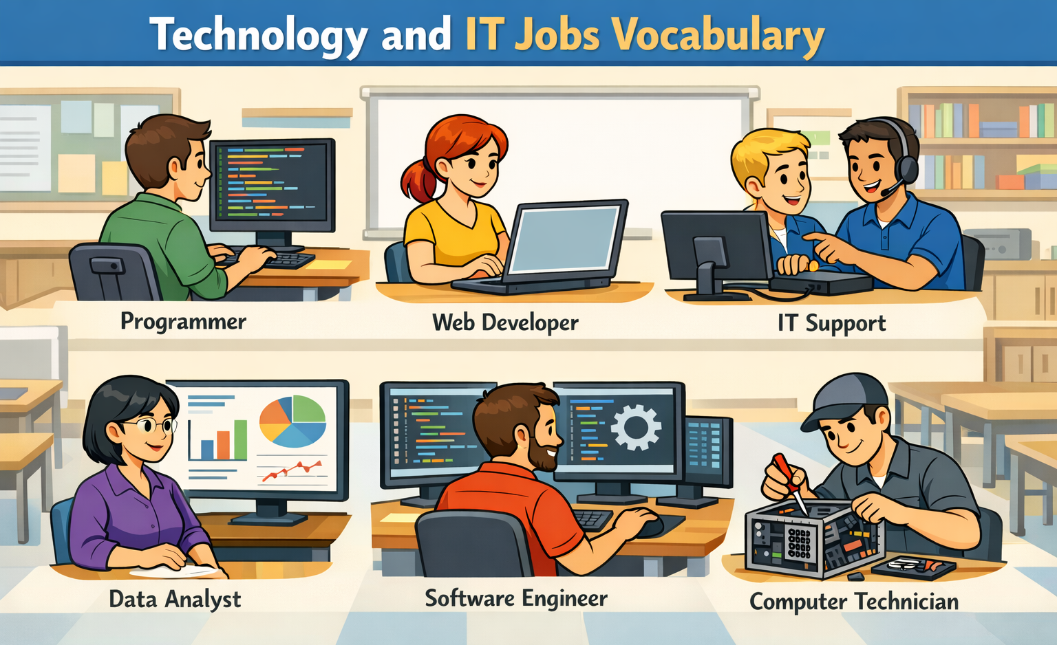 Jobs and occupations vocabulary in technology and IT for beginners.