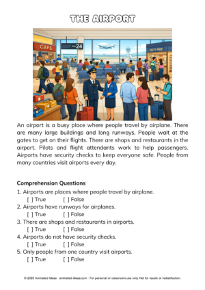 Reading passages for kids and beginners: The Airport explained with easy sentences.