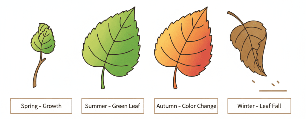 Leaf life cycle chart showing growth, green season, color change, and leaf fall explaining why do leaves change color.
