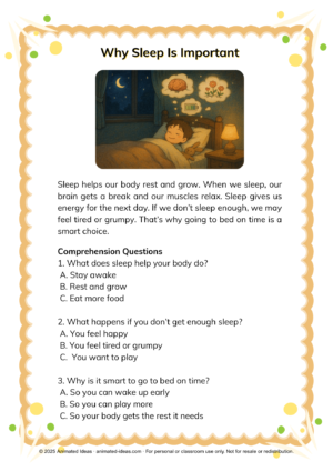 Why Sleep Is Important Worksheet Healthy Habits Reading Worksheets featuring a kid-friendly passage about sleep routines and simple comprehension questions.