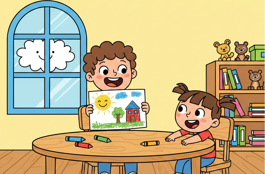 One child showing a drawing while another child asks “what did you draw today?” as part of learning what are interrogative pronouns.