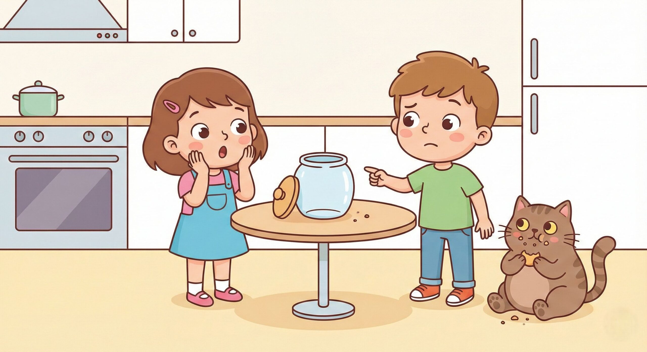 Two children looking at an empty cookie jar with surprised expressions, asking “who ate the last cookie?” while learning what are interrogative pronouns.