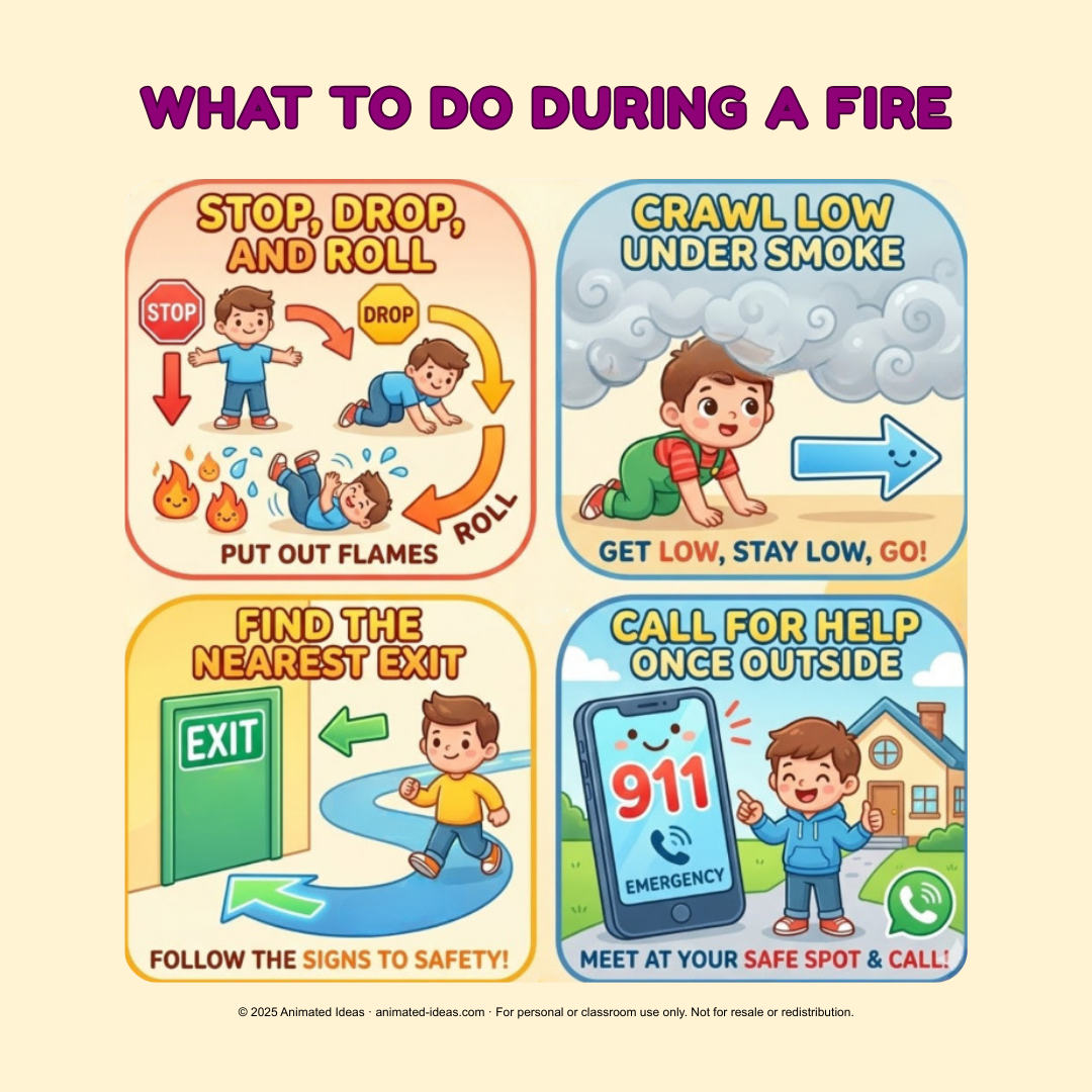 Kid-friendly illustration showing steps during a fire in a fire safety visual guide for kids, including stop, drop, and roll and finding the nearest exit.