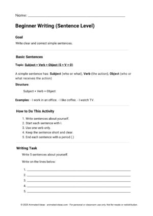 Subject Verb Object writing worksheet for beginner ESL learners practicing simple sentence structure