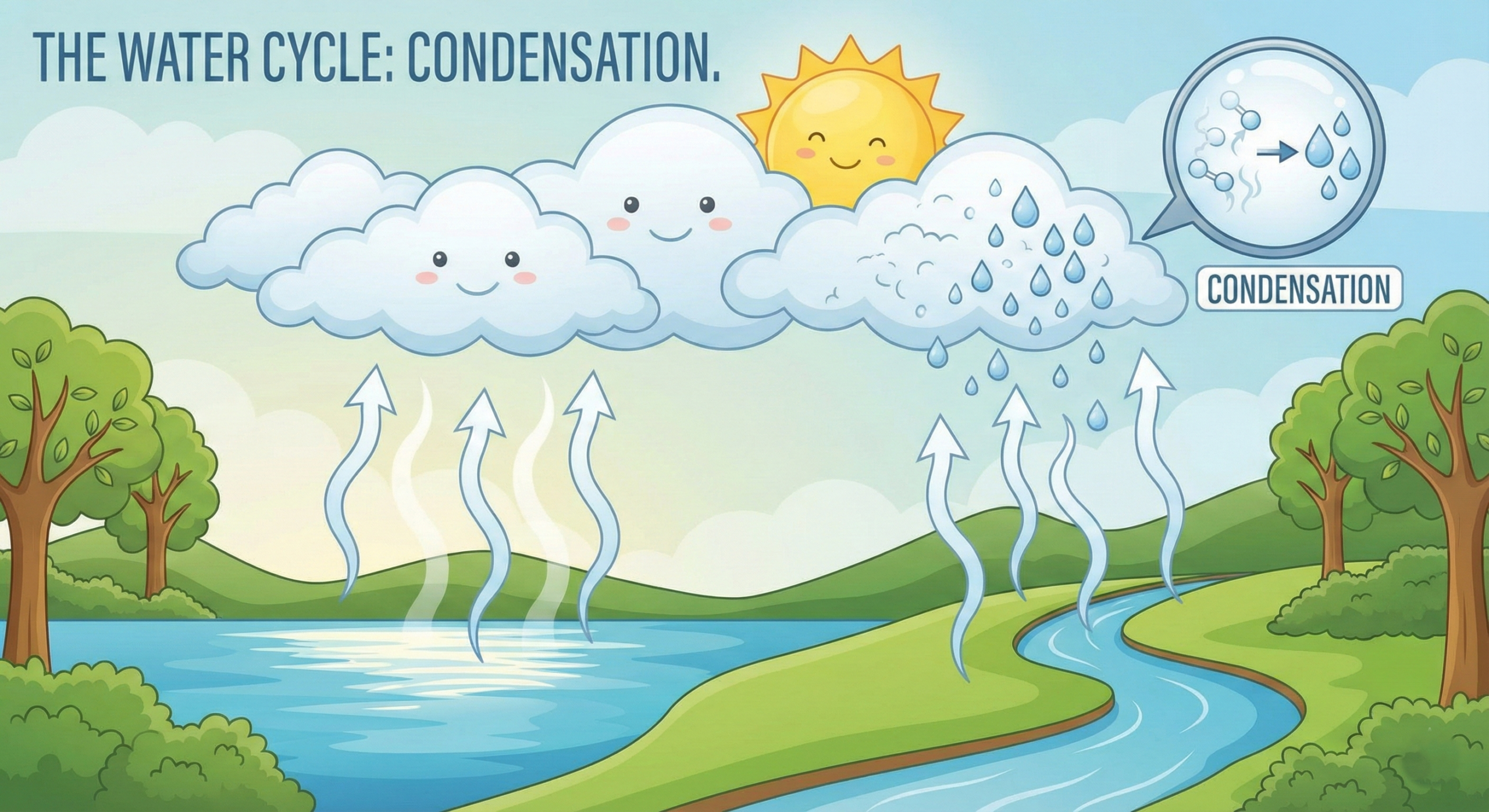 The water cycle for kids showing condensation forming clouds.