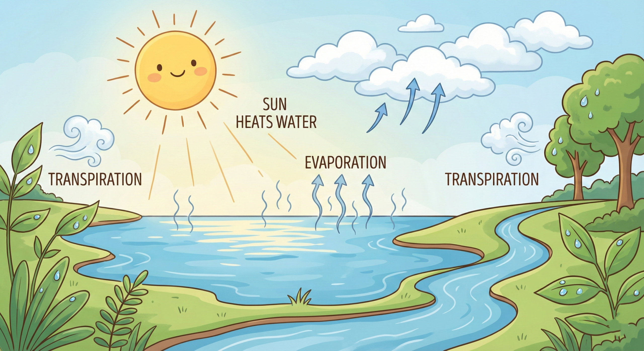 The water cycle for kids showing evaporation from lakes and ponds.
