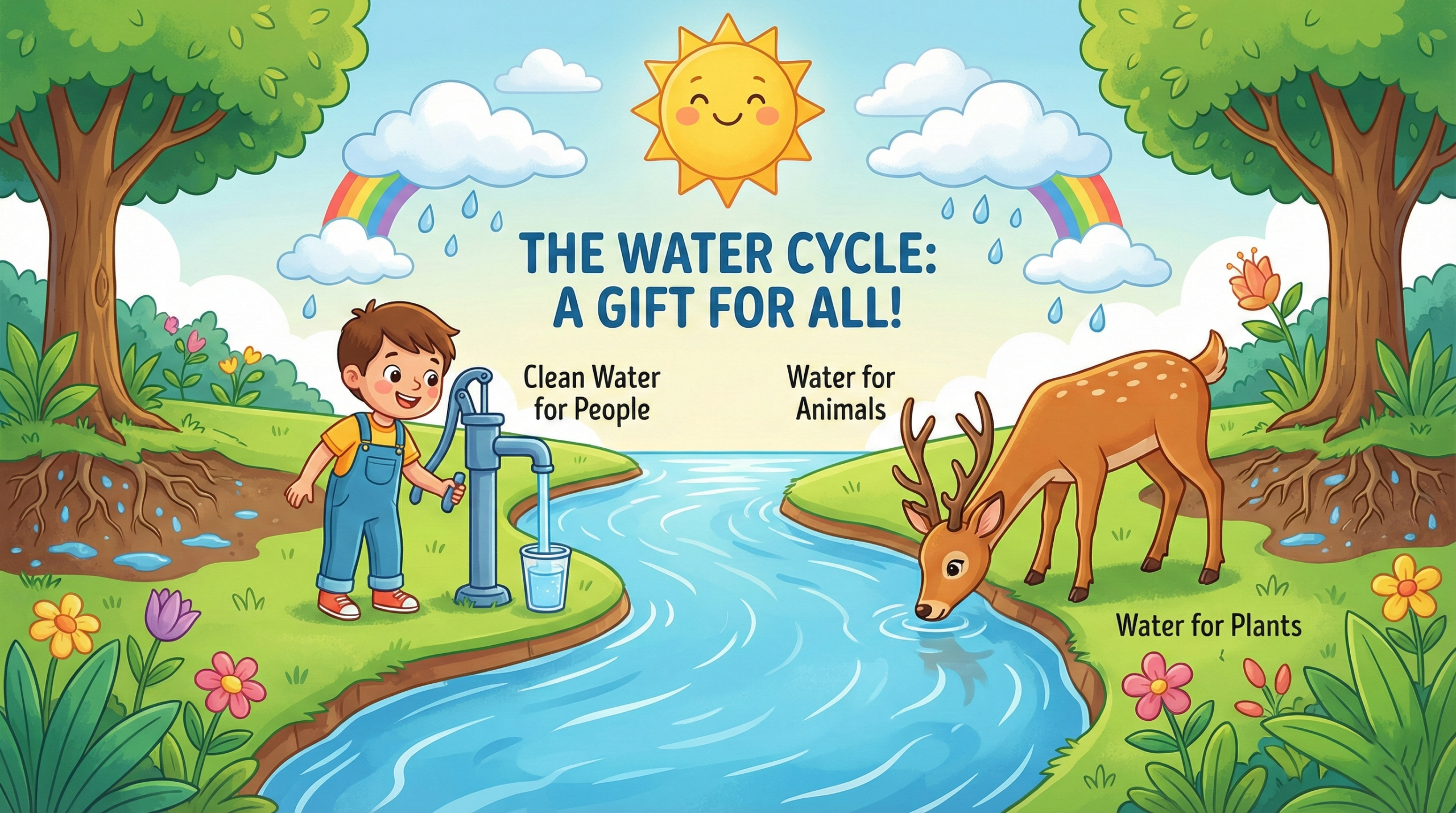 The water cycle for kids showing water supporting plants, animals, and humans.