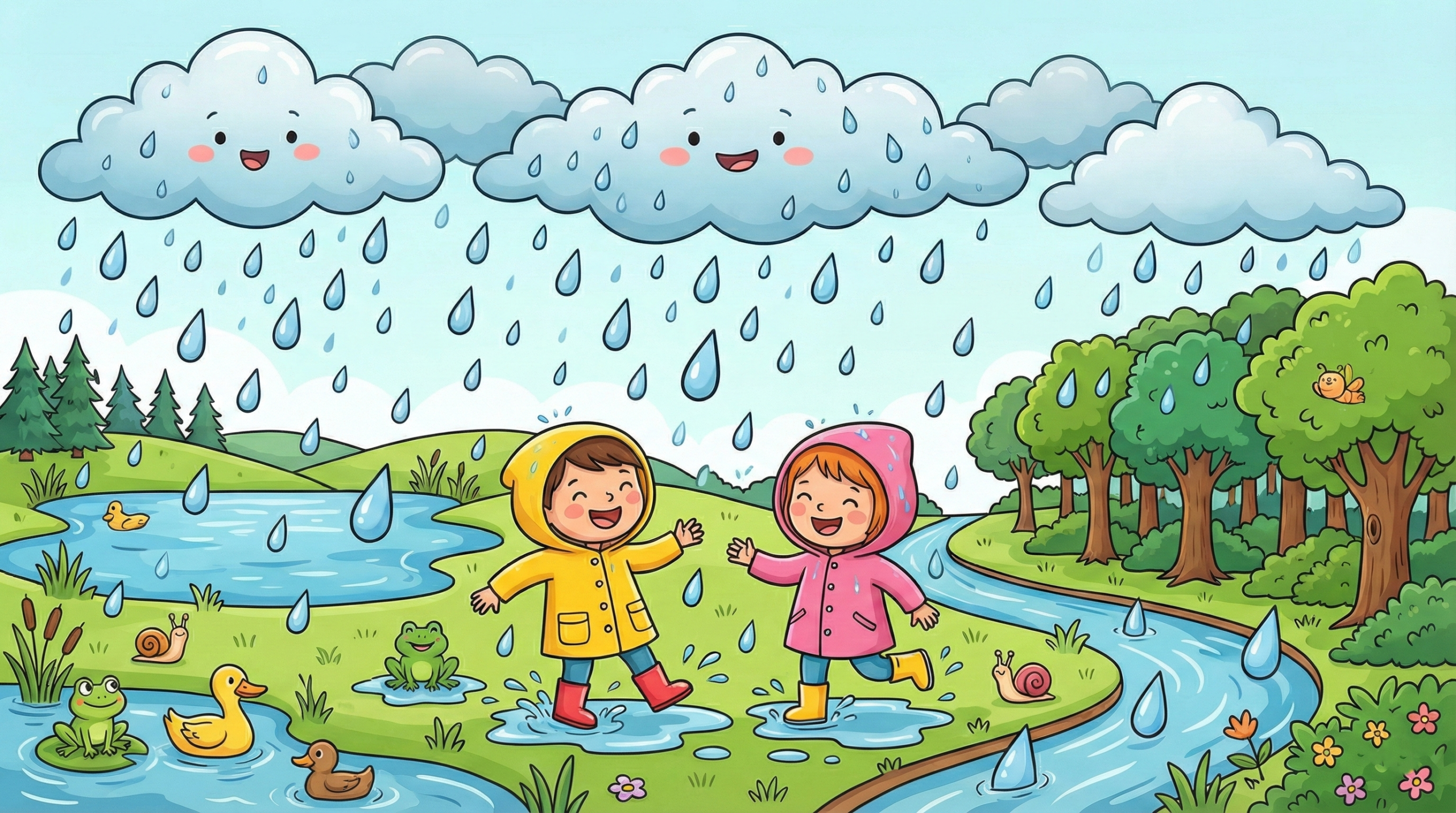 The water cycle for kids showing precipitation as rain falling from clouds.