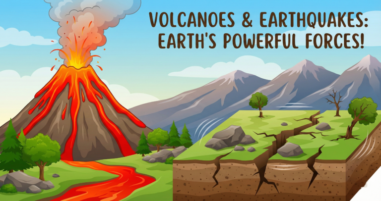 Volcanoes and earthquakes showing a volcano erupting with lava, smoke, and ash, alongside ground cracks from an earthquake in a natural landscape.