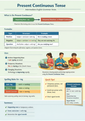 Present Continuous Printable Notes colored version showing structure, usage, spelling rules, and sentence forms
