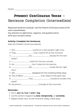 Present Continuous Worksheets showing sentence completion practice for intermediate ESL learners