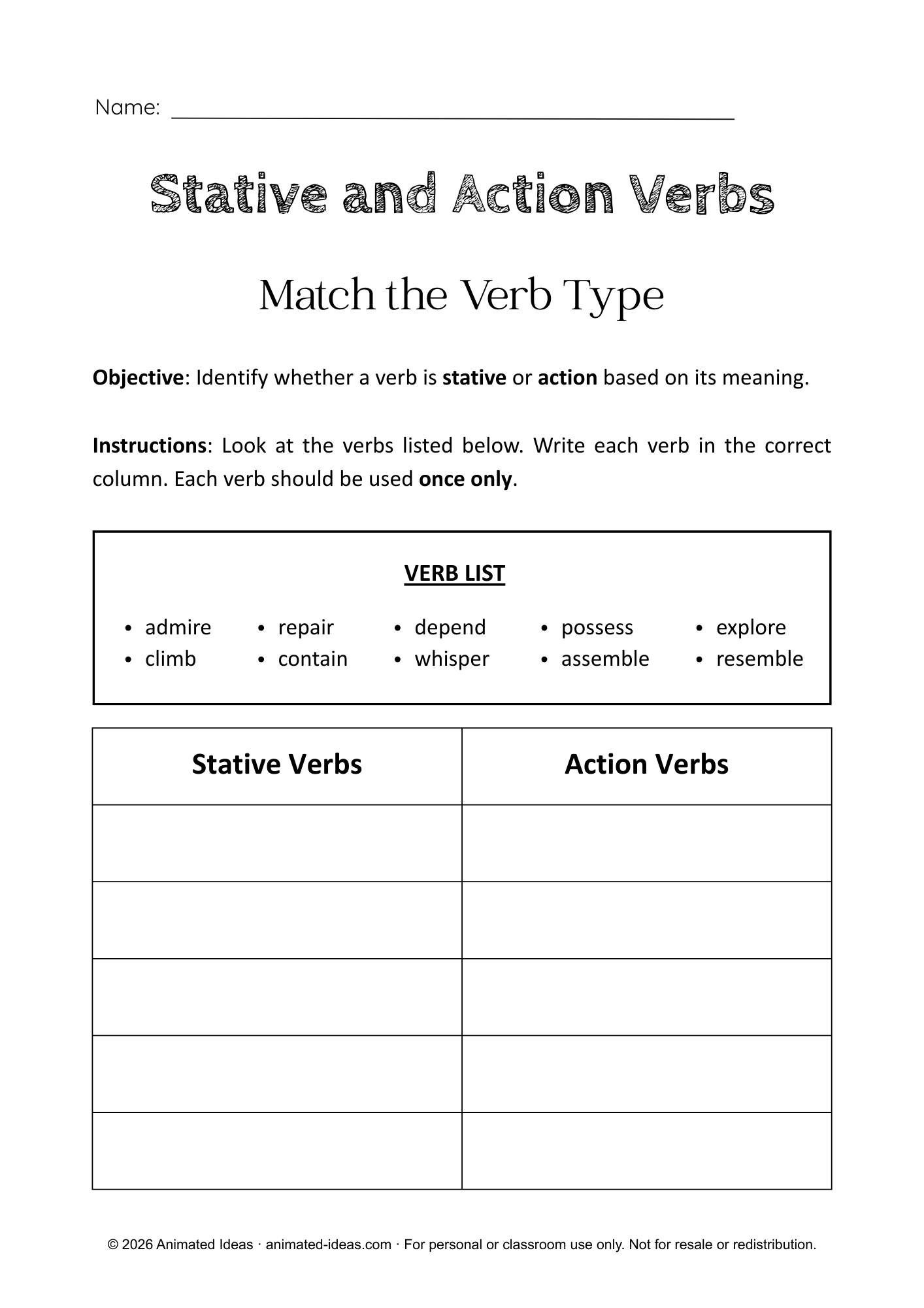 Stative vs action verbs worksheets for matching verbs to stative or action categories for intermediate students.