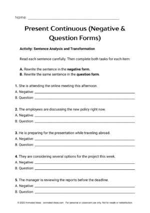 negative and question sentence transformations Present Continuous Worksheets focused on negative and question sentence transformations