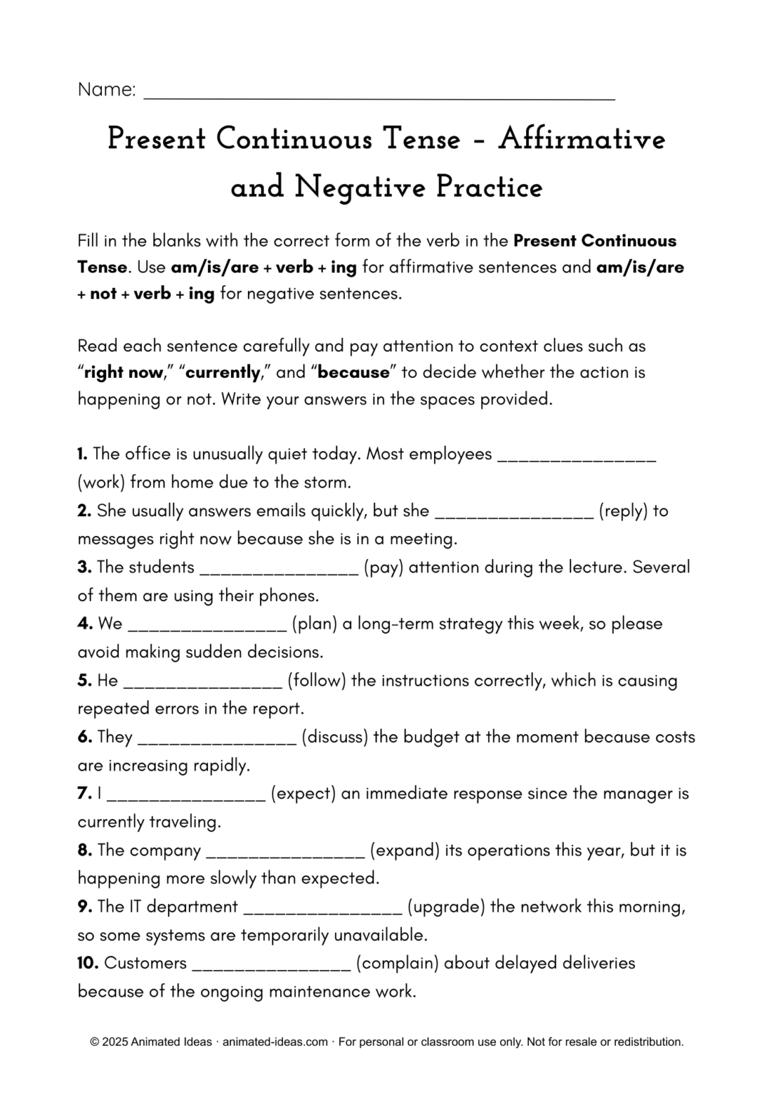 Present Continuous Worksheets (Intermediate) - Animated Ideas