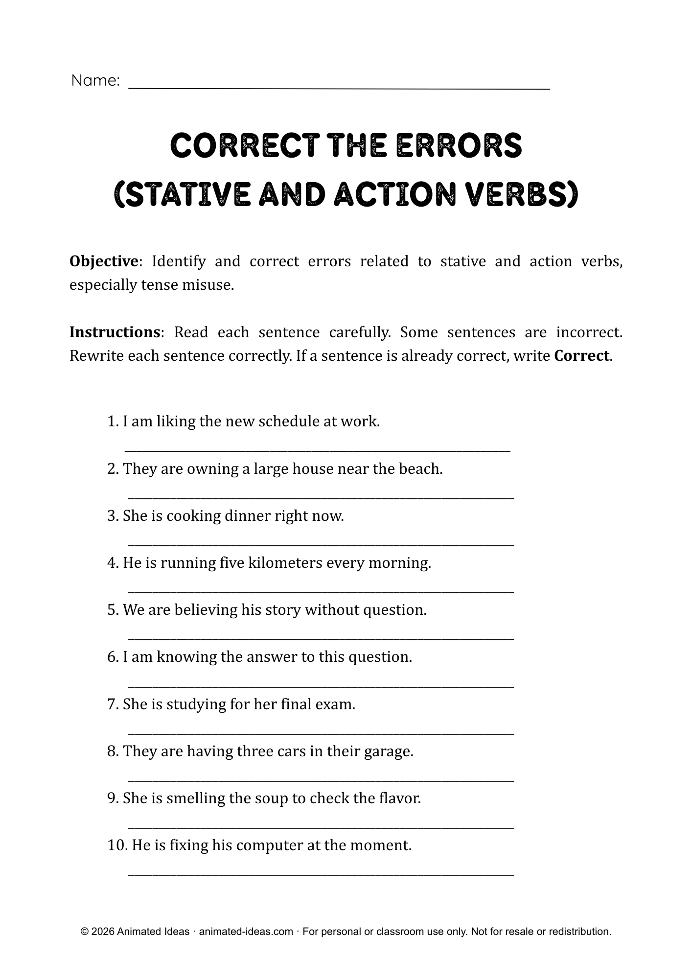 Stative vs action verbs worksheets for correcting common verb errors in continuous and simple tenses.