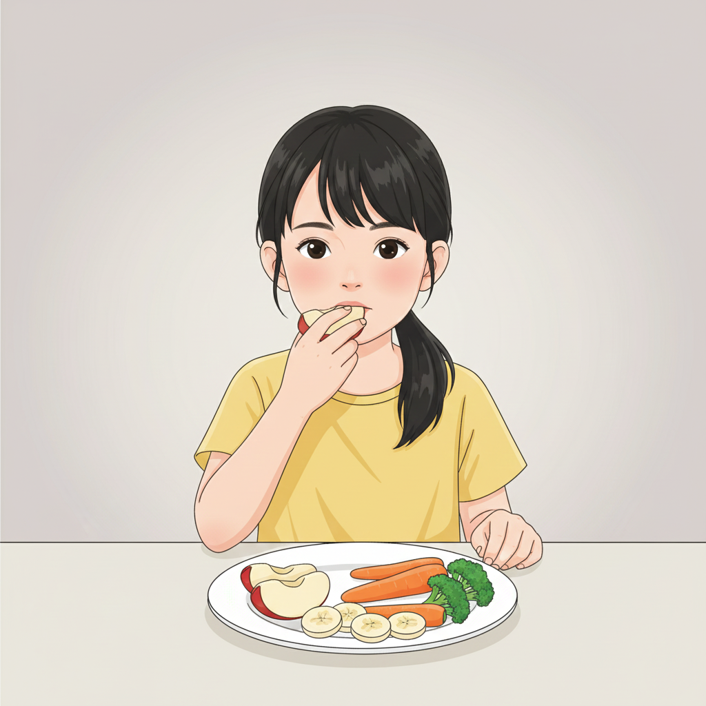 A child eating fruits and vegetables - energy from food helps us grow.