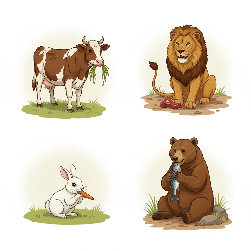 Animals eating different foods - all living things need energy.