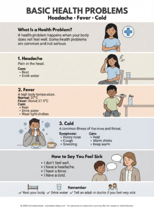 Basic Health Problems Printable Notes showing headache, fever, and cold for ESL learners