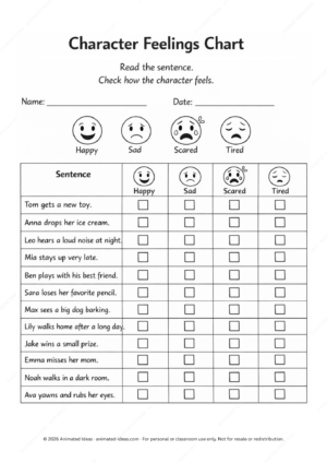 Black and white Character Feelings Chart Worksheet for ESL learners and early learners activity