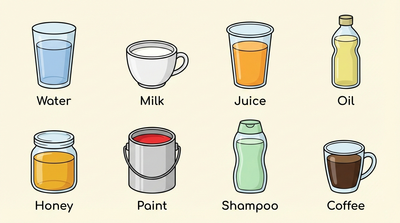 Common liquids used in daily life, including water, milk, juice, oil, honey, paint, shampoo, and coffee, shown in different containers to demonstrate how liquids flow and take the shape of their containers.