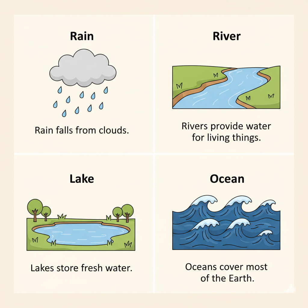 Natural liquids in the environment, including rivers, lakes, rain, and oceans, showing water flowing, falling, and supporting plants, animals, and humans.