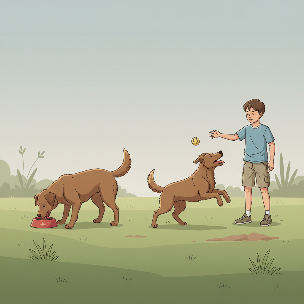 A dog eating and playing - living things need food to get energy.