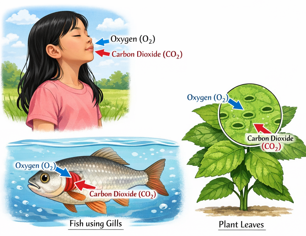 Diagram showing how humans, plants, and children breathe: human lungs with airflow arrows, green leaves with tiny stomata openings, and children taking deep breaths outdoors.