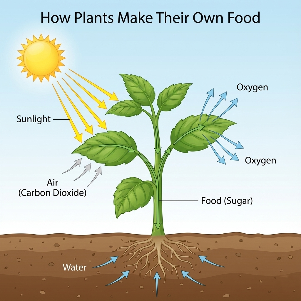 A simple diagram showing how plants use sunlight, water, and air to make food.