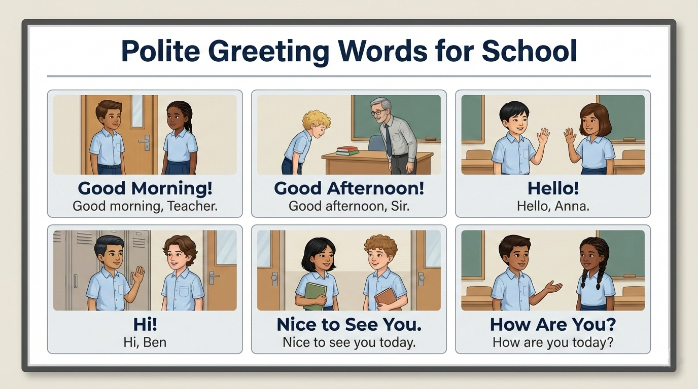 Polite Greeting Words to Teach Kids Good School Manners displayed on a classroom poster