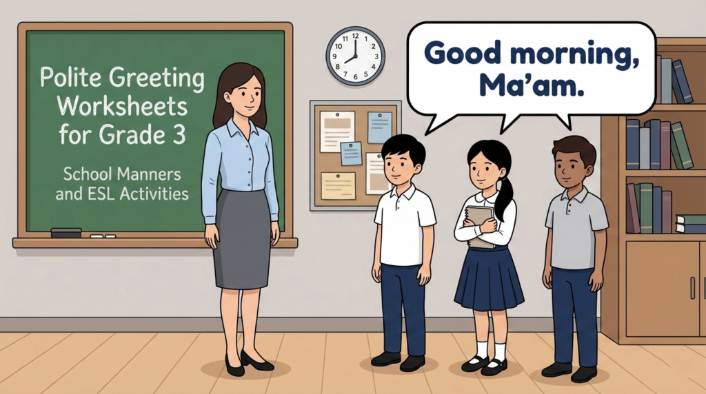 Polite Greeting Worksheets for Grade 3 featured image showing a female teacher and three students in a classroom practicing polite greetings, beginner-friendly ESL illustration