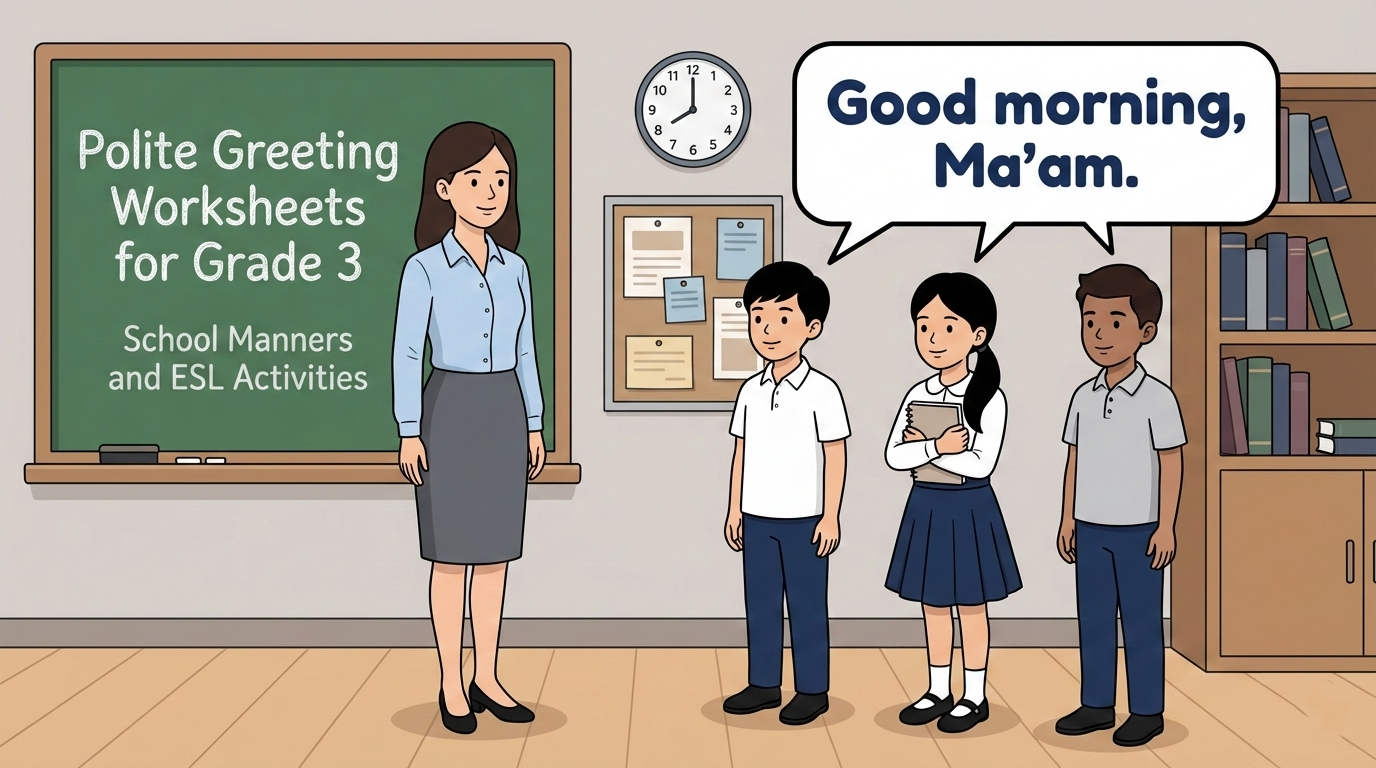 Polite Greeting Worksheets for Grade 3 featured image showing a female teacher and three students in a classroom practicing polite greetings, beginner-friendly ESL illustration